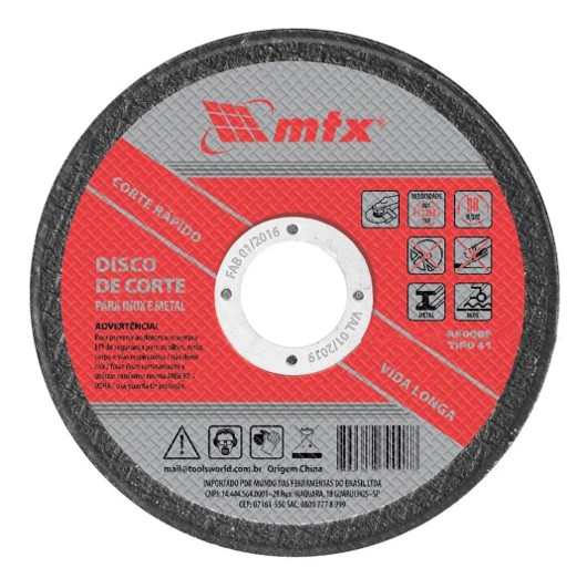 DISCO CORTE INOX / FERRO 180 MM X 1,6 MM X 22 MM MTX (7378155) - MF