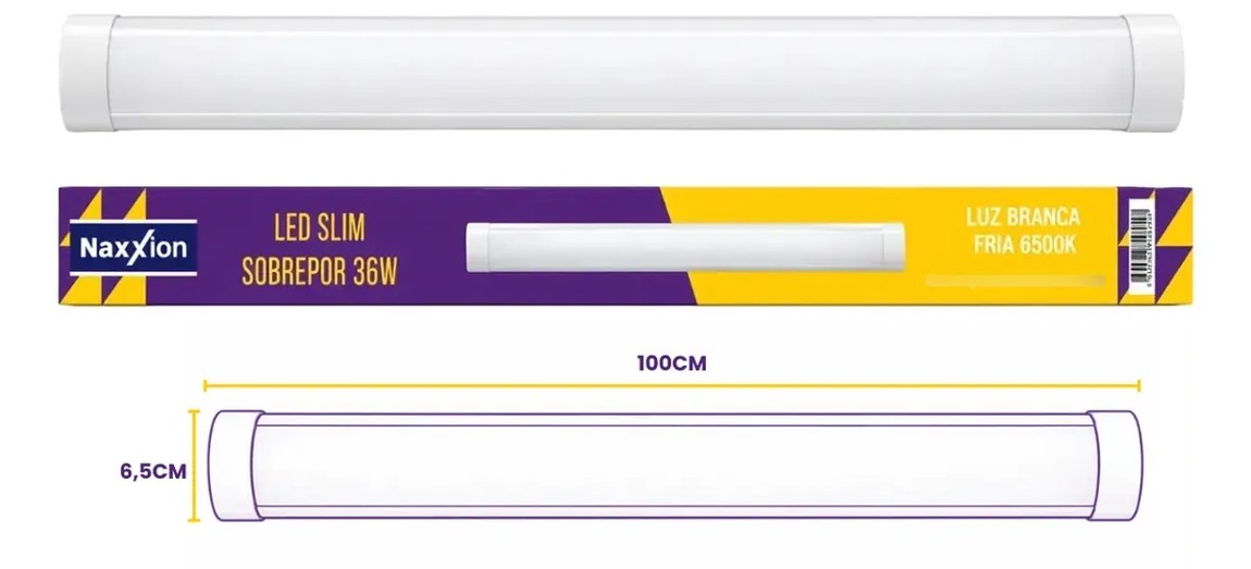 LUMINARIA LED SLIM 36W 1,00 M 6.500K BRANCA SOBREPOR - NAXXION