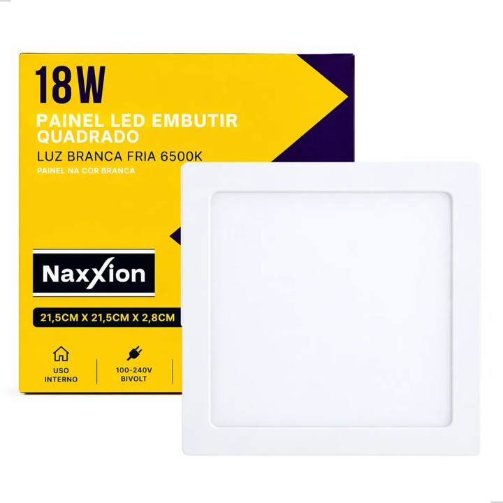 PAINEL LED EMBUTIR QUADRADO BRANCO 18W 6500K - NAXXION