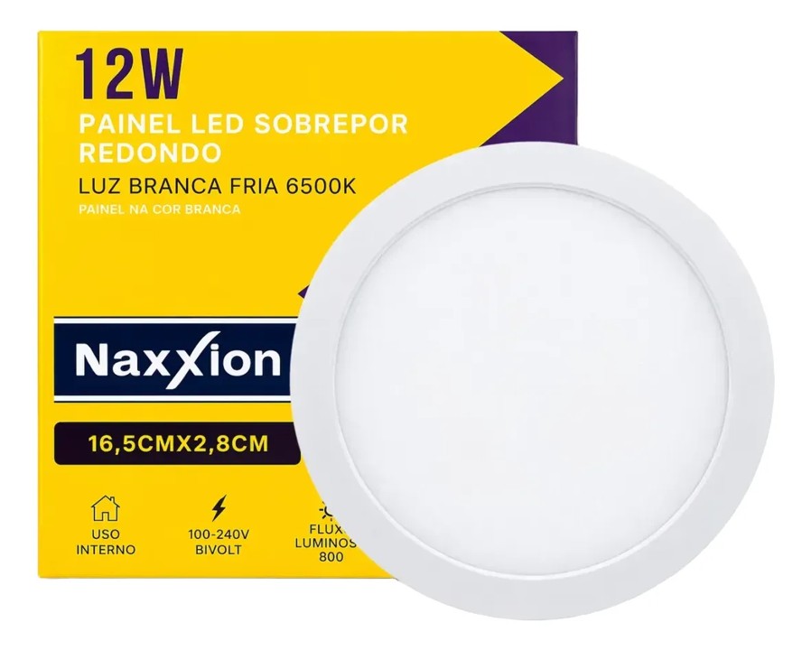 PAINEL LED SOBREPOR REDONDO BRANCO 12W 6500K - NAXXION
