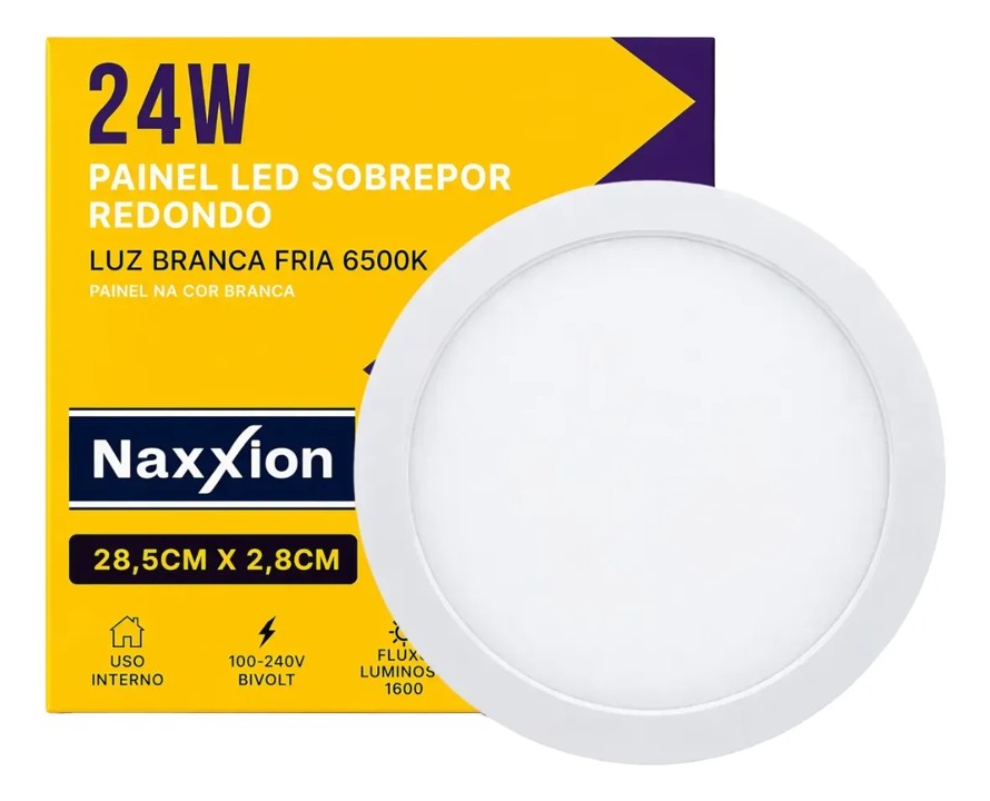 PAINEL LED SOBREPOR REDONDO BRANCO 24W 6500K - NAXXION