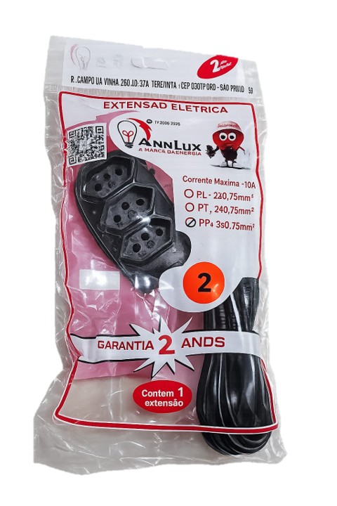 EXTENSAO CABO PP PRETA 02 M 3 TOMADAS 2 PINOS + T 10A (32-1213)  - ANNLUX